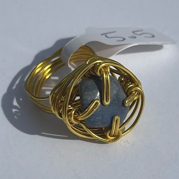 BLUE AVENTURINE QUARTZ ADJUSTABLE WIREWRAPPED CHUNKY GEMSTONE RING - Picture 11 of 16